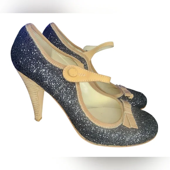 Miu Miu Black & Beige Glitter Mary Jane Pumps, Womens 38 EU (8 US) - Picture 2 of 11